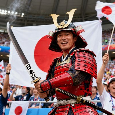 日本球迷坂本，武士造型支持日本队
